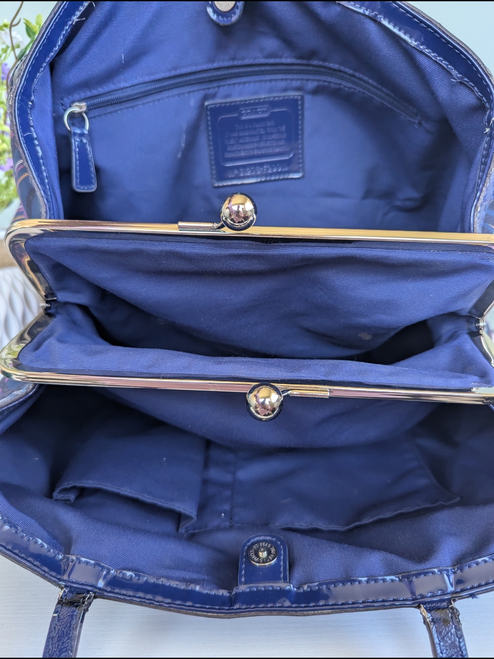 Coach Navy Plaid Tote with Pink and White Accents - Picture 12 of 14